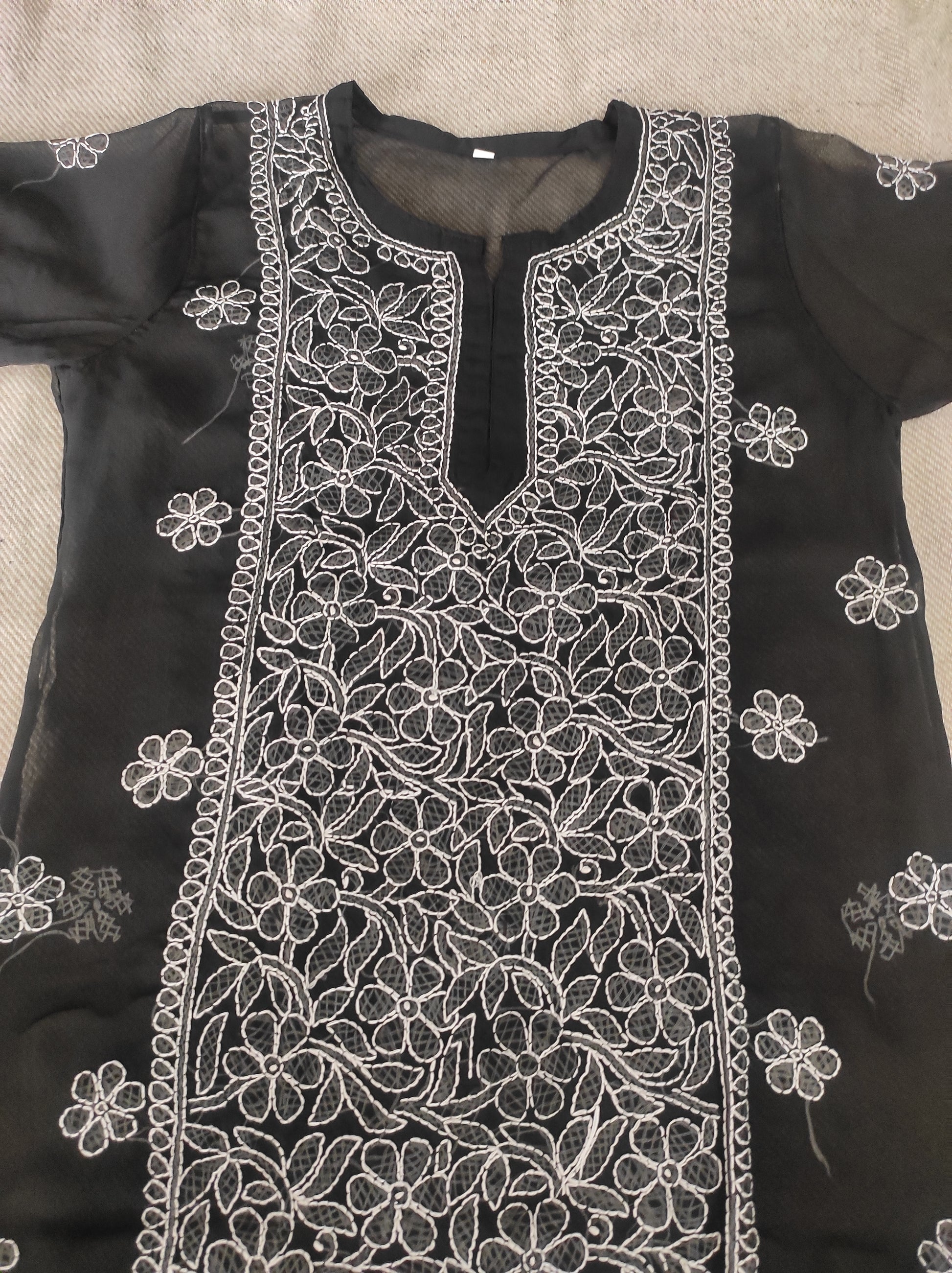 Label Aja Hand Embroidered Georgette long Lucknowi chikankari kurta - Label Aja Chikankari