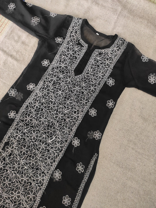 Label Aja Hand Embroidered Georgette long Lucknowi chikankari kurta - Label Aja Chikankari