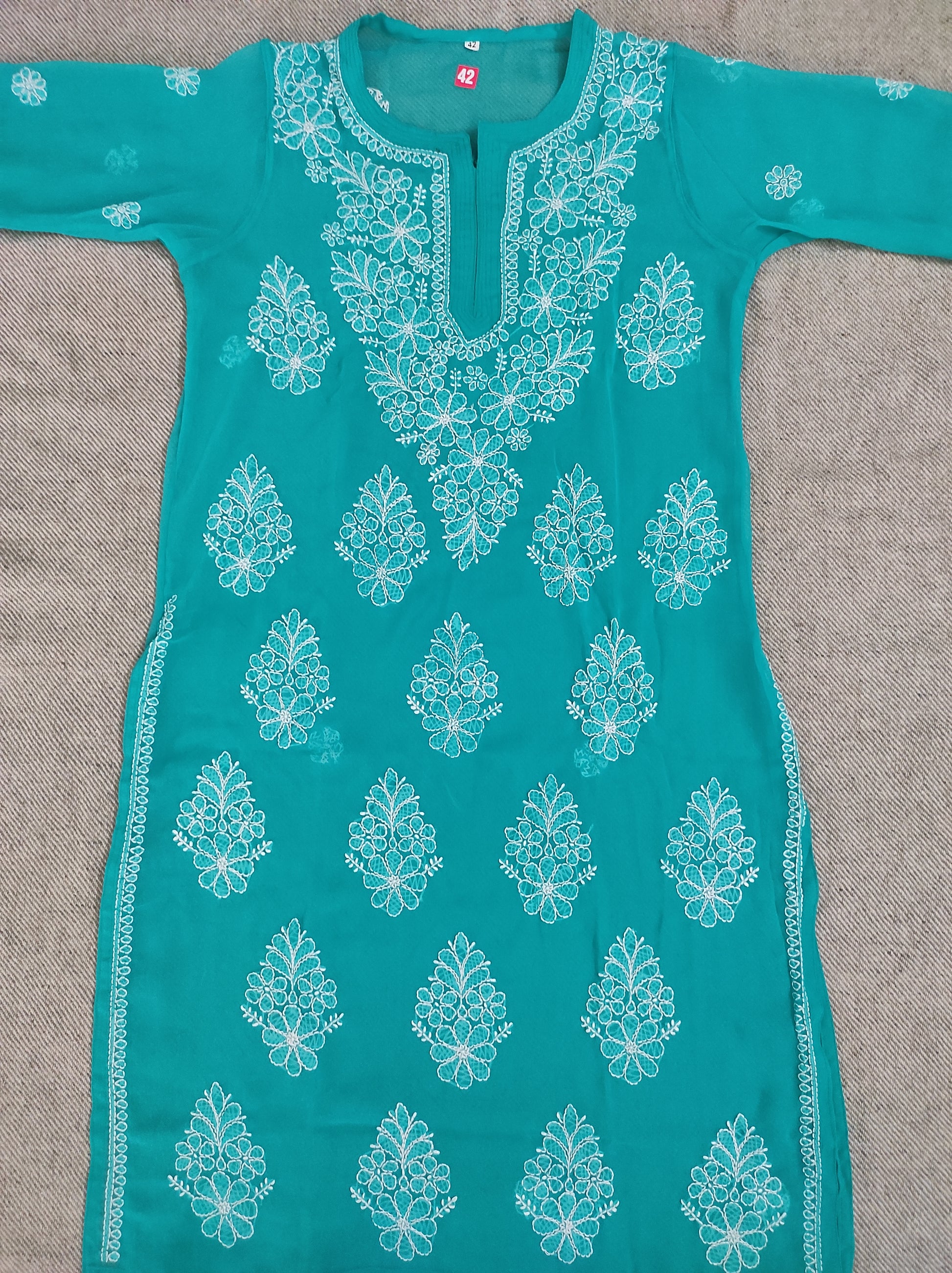 Label Aja Hand Embroidered Georgette long Lucknowi chikankari kurta - Label Aja Chikankari