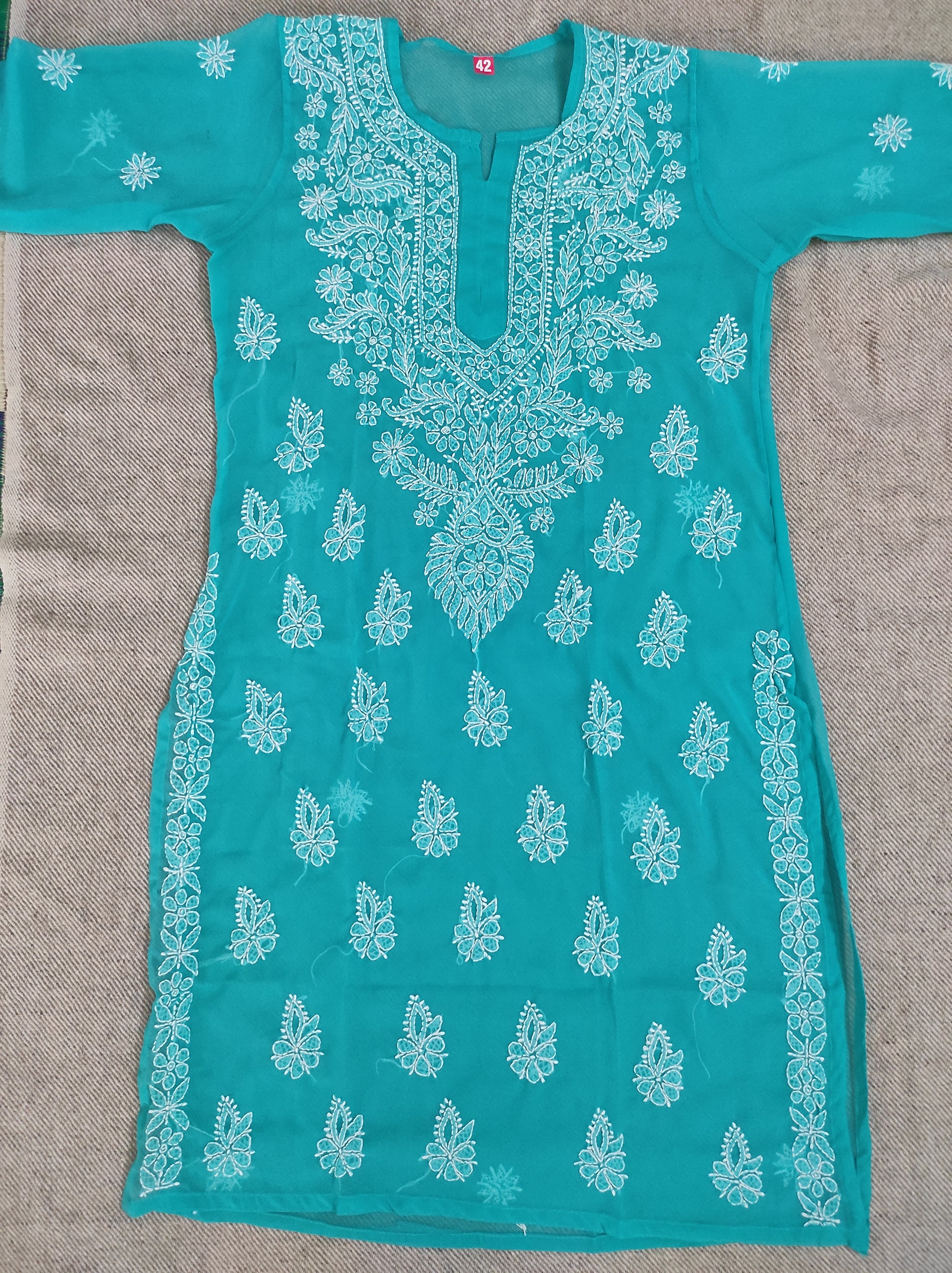 Label Aja Hand Embroidered Georgette long Lucknowi chikankari kurta - Label Aja Chikankari