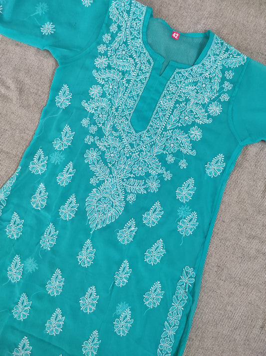 Label Aja Hand Embroidered Georgette long Lucknowi chikankari kurta - Label Aja Chikankari