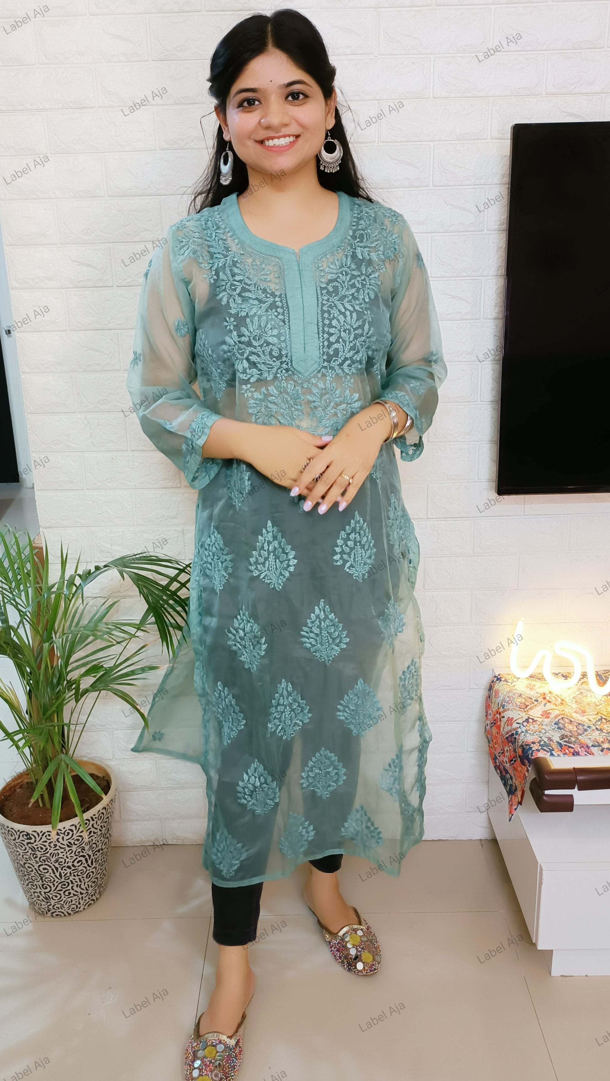 Label Aja Hand Embroidered Premium Organza kurti - Label Aja Chikankari