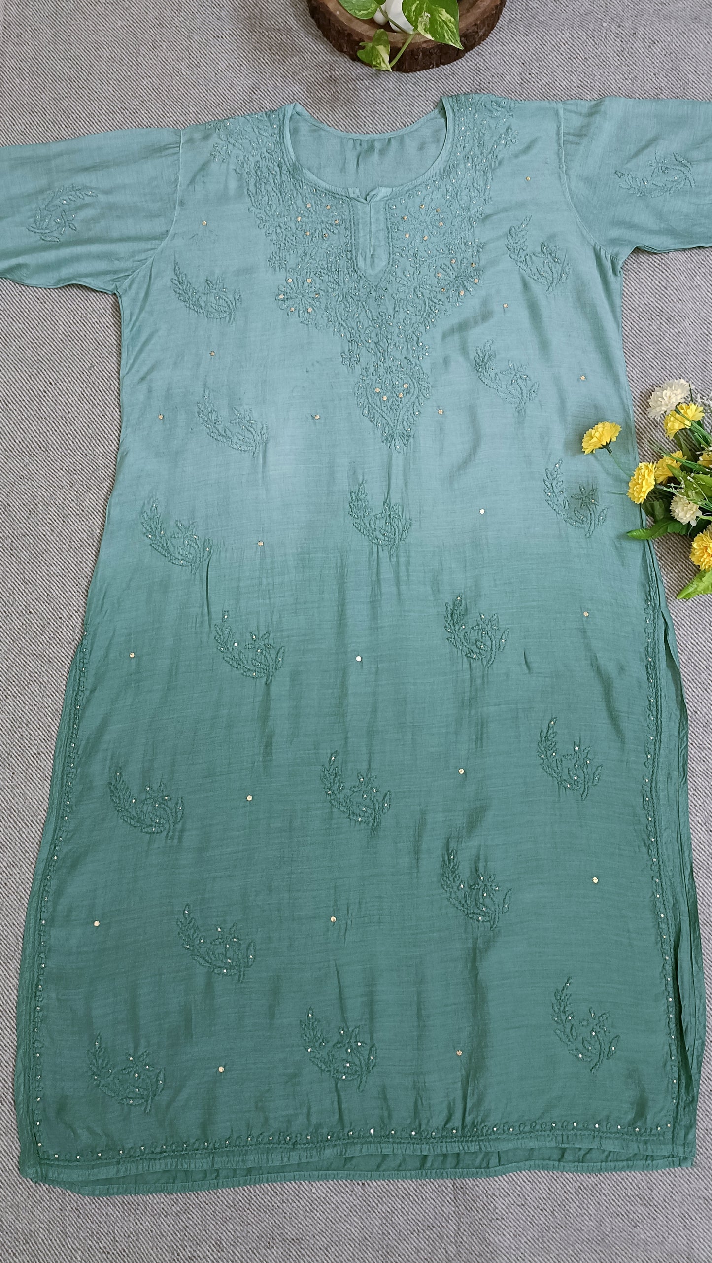 Label Aja Hand Embroidered Pure muslin Lucknowi Chikankari Long Kurta with Mukaish work - Label Aja Chikankari