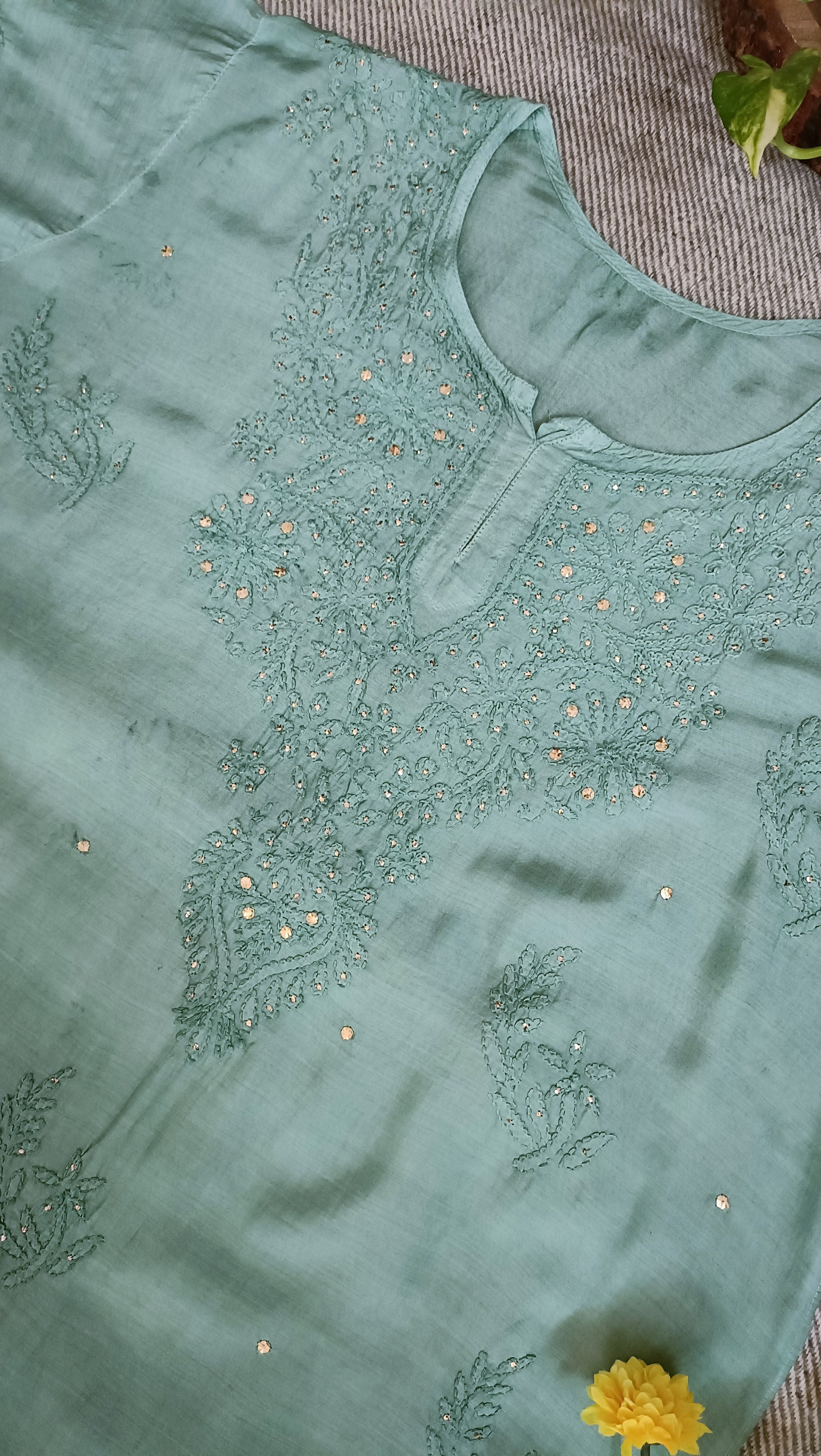 Label Aja Hand Embroidered Pure muslin Lucknowi Chikankari Long Kurta with Mukaish work - Label Aja Chikankari