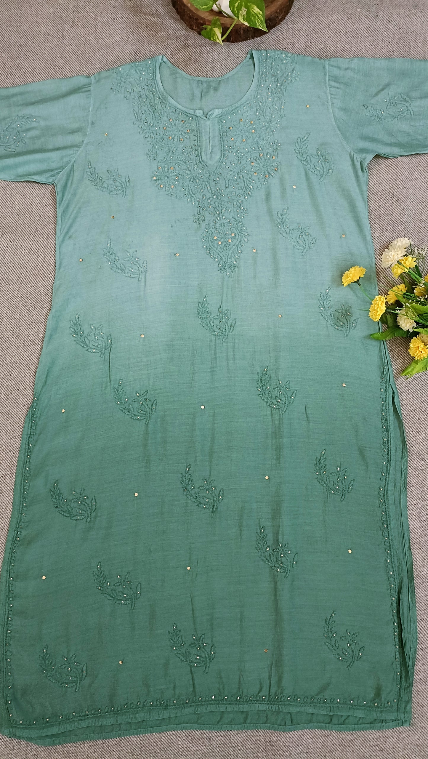 Label Aja Hand Embroidered Pure muslin Lucknowi Chikankari Long Kurta with Mukaish work - Label Aja Chikankari