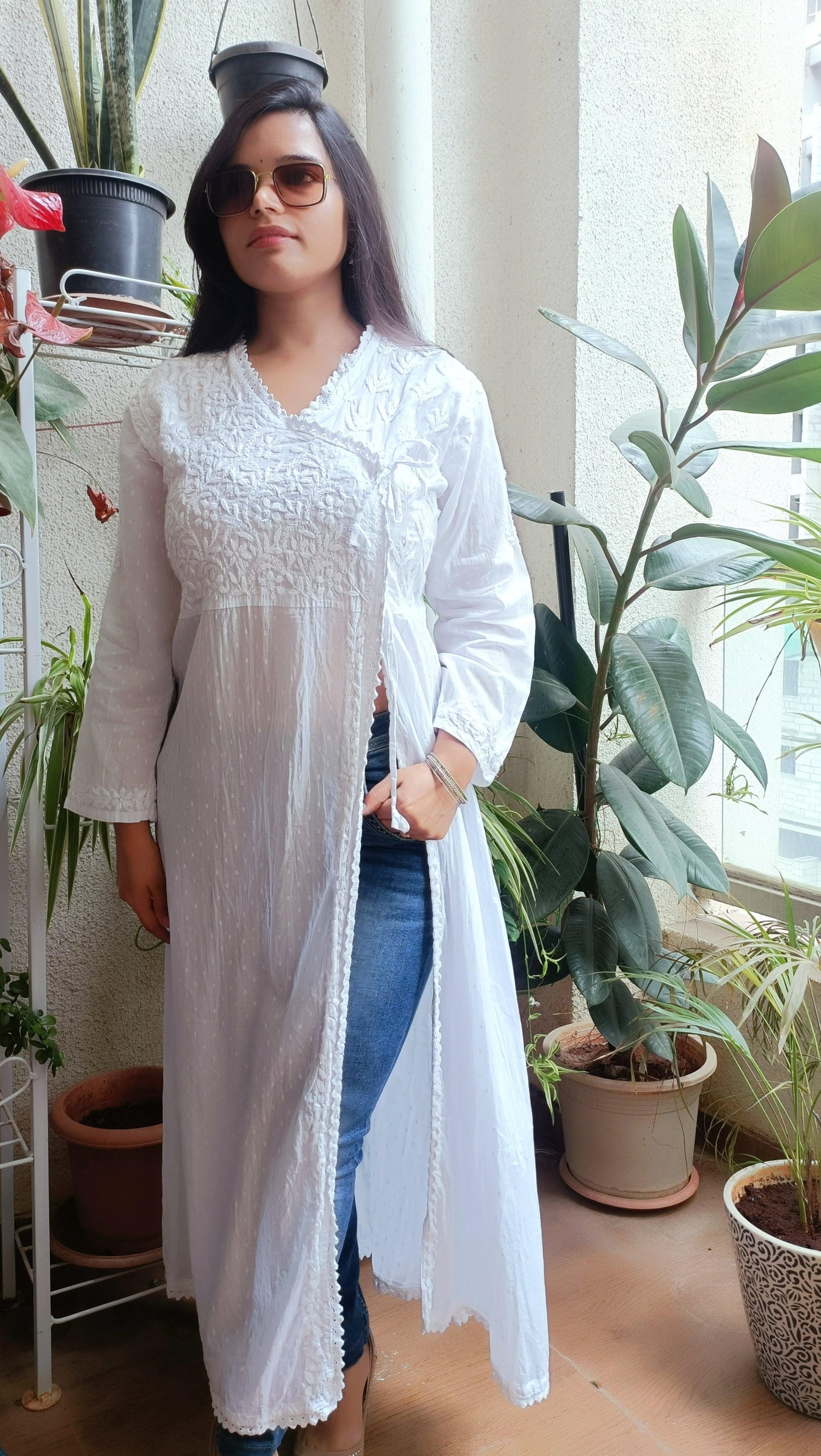 Label Aja Chikankari Dobby cotton long Angarkha - Label Aja Chikankari