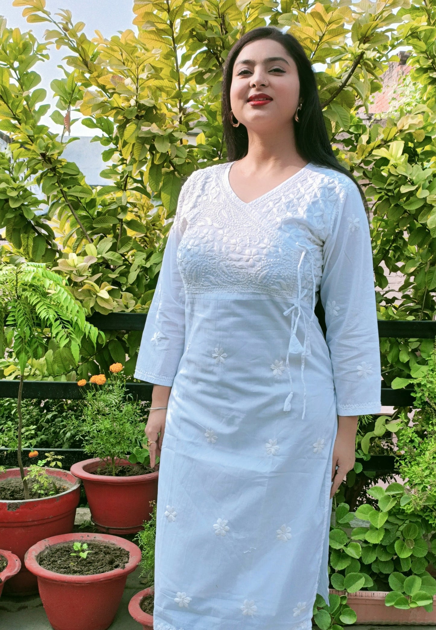 Label Aja Hand Embroidered Mul Cotton Angarakha style long kurta - Label Aja Chikankari