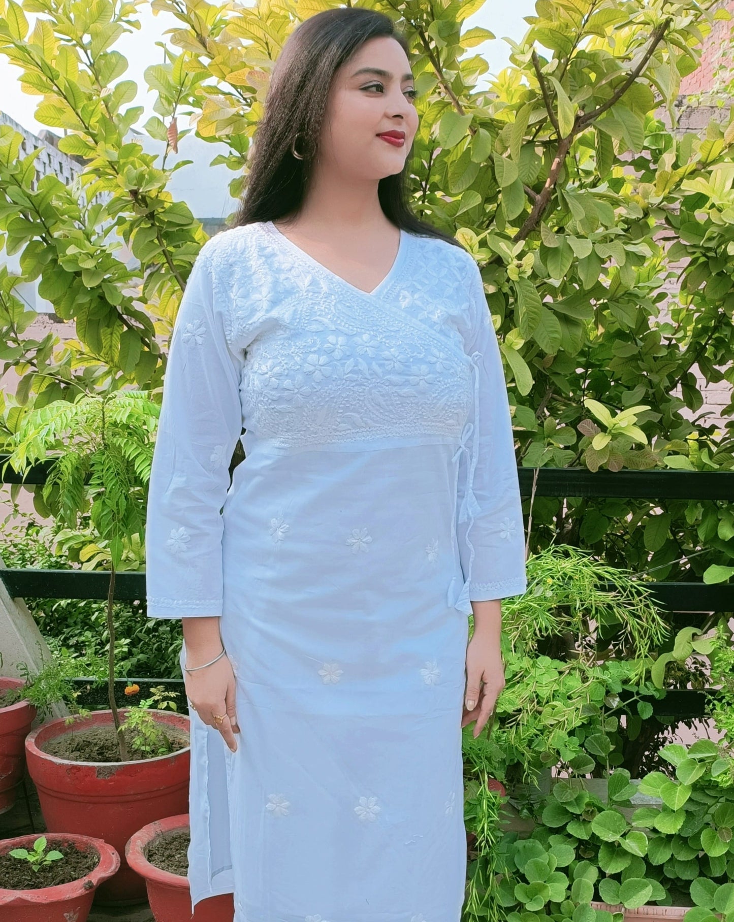 Label Aja Hand Embroidered Mul Cotton Angarakha style long kurta - Label Aja Chikankari