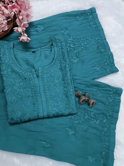 Meher Chanderi silk Chikankari Kurti & Palazzo Set