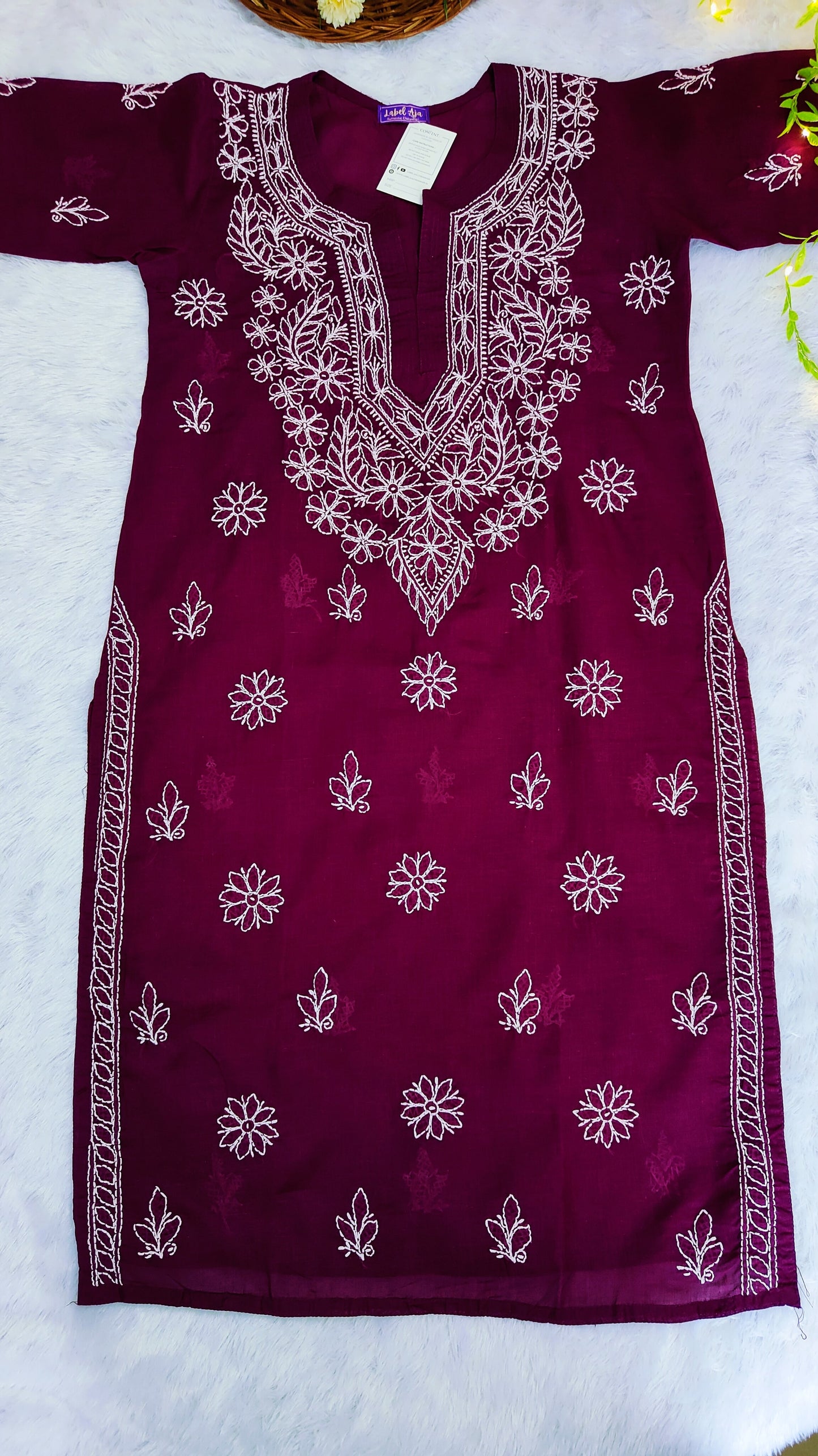 Cotton chikankari kurti with matching slip