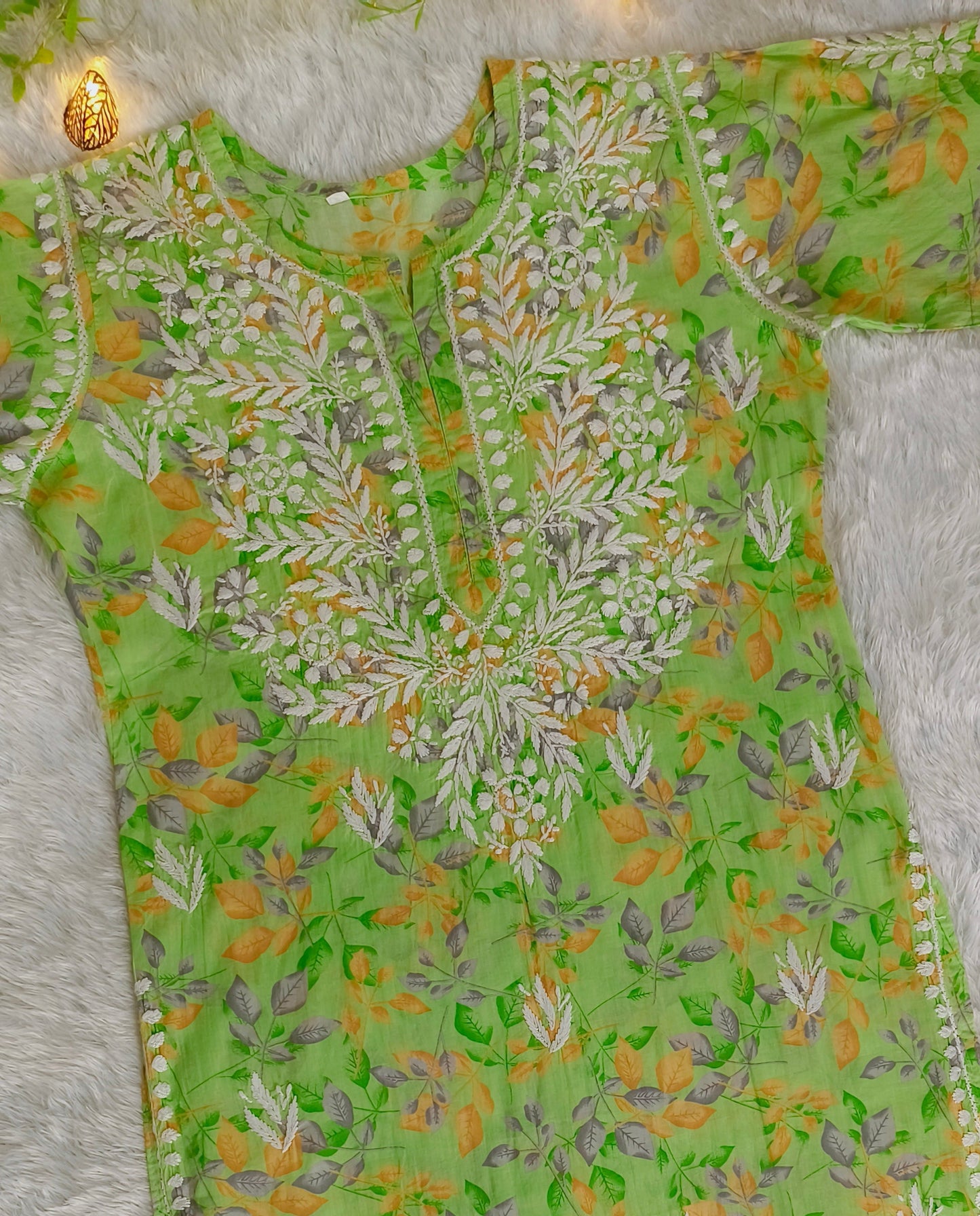 Gulmohar Mulmul long chikankari kurti