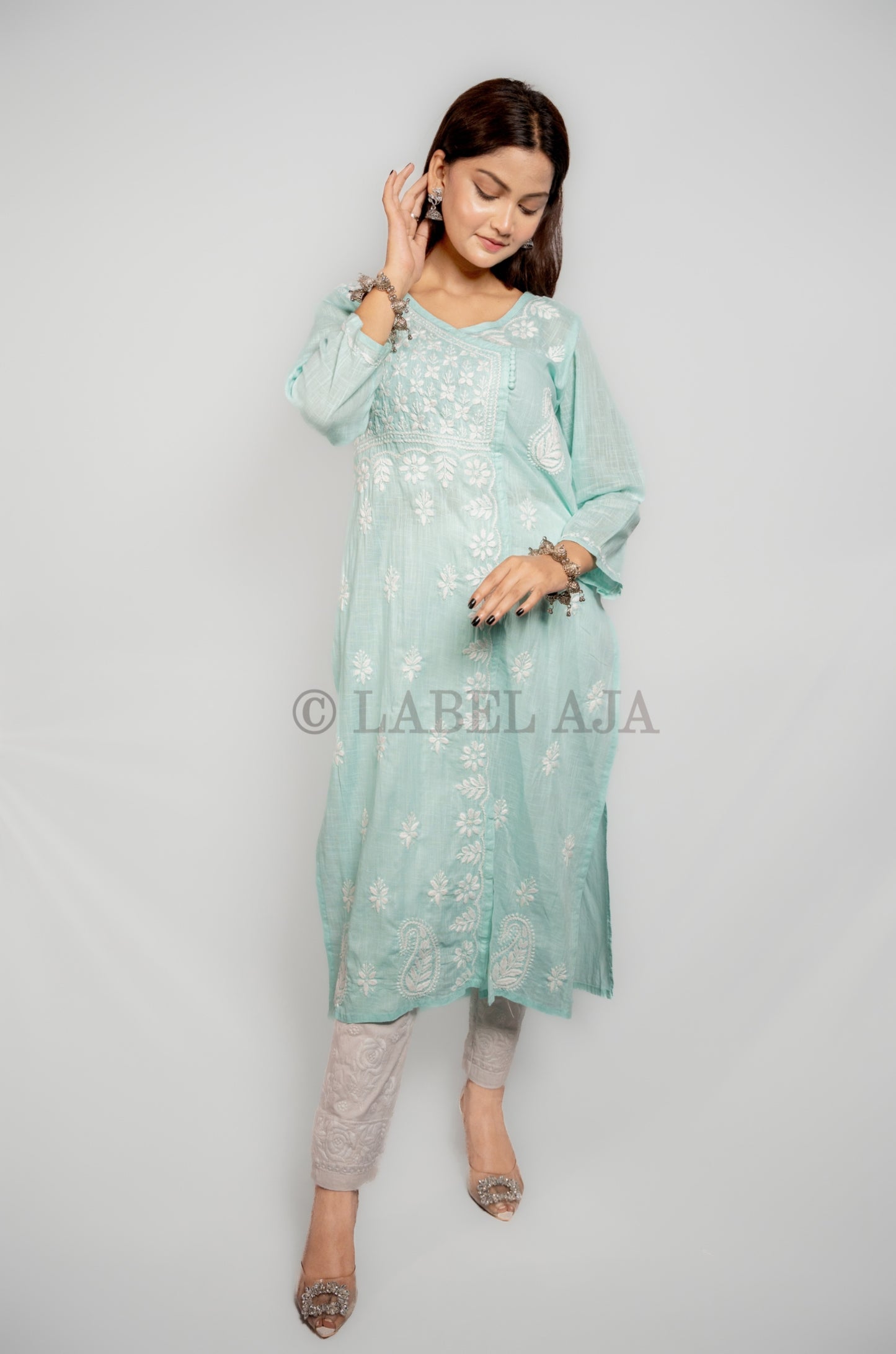 Adya khadi Cotton chikankari long kurti