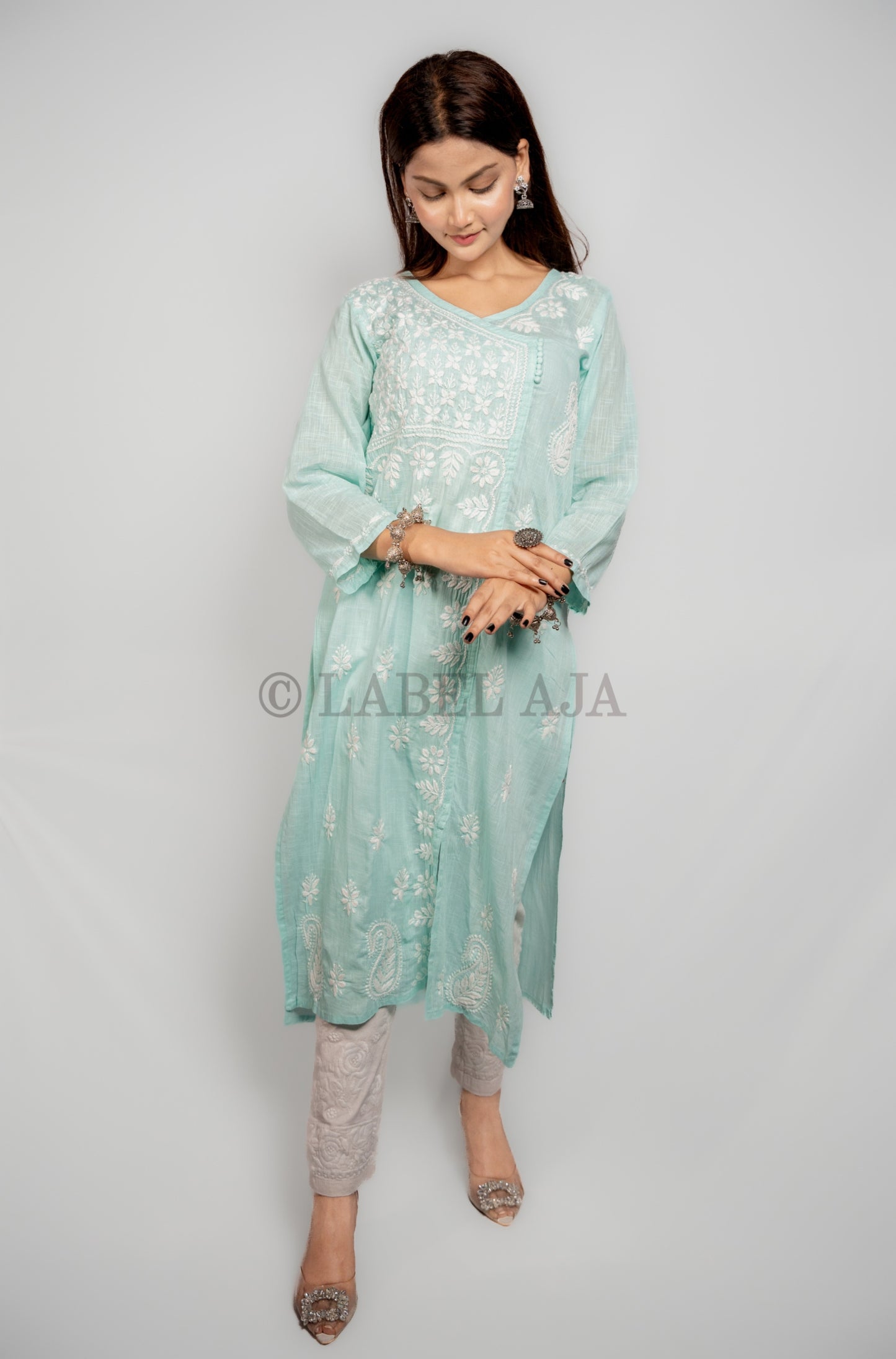 Adya khadi Cotton chikankari long kurti