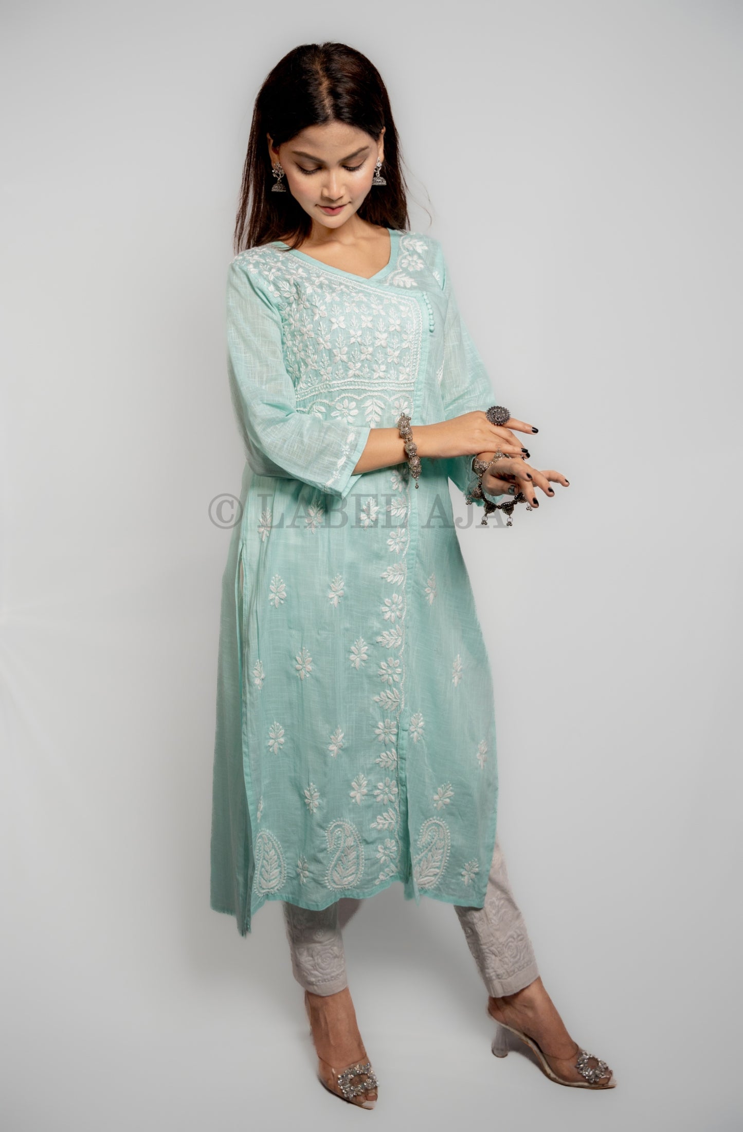 Adya khadi Cotton chikankari long kurti