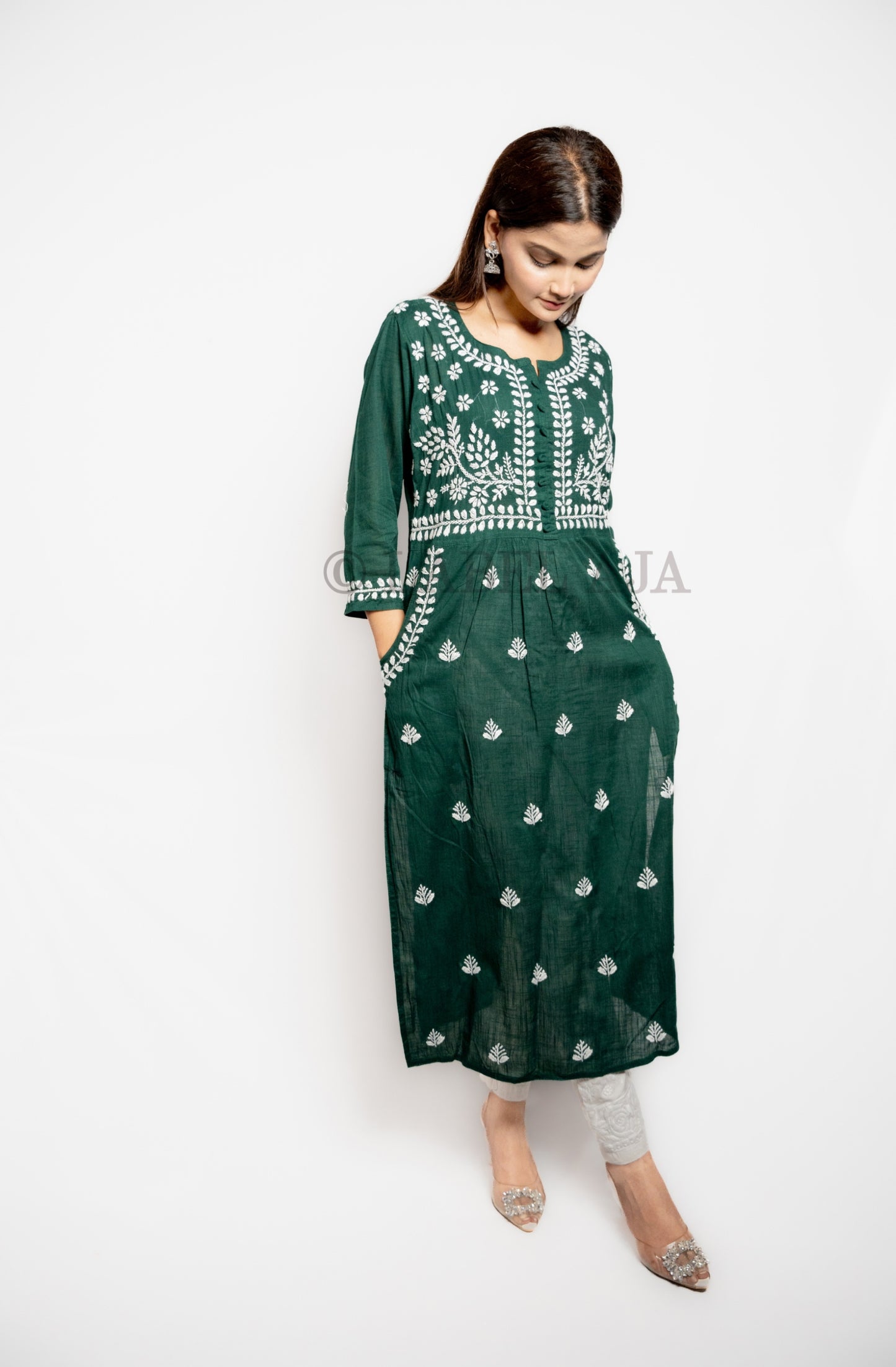 Misa khadi Cotton chikankari long kurti with pockets