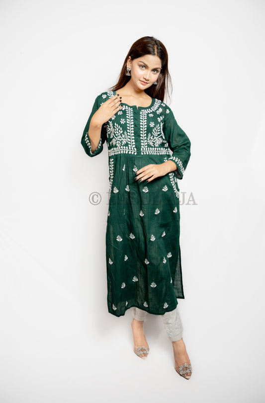 Misa khadi Cotton chikankari long kurti with pockets