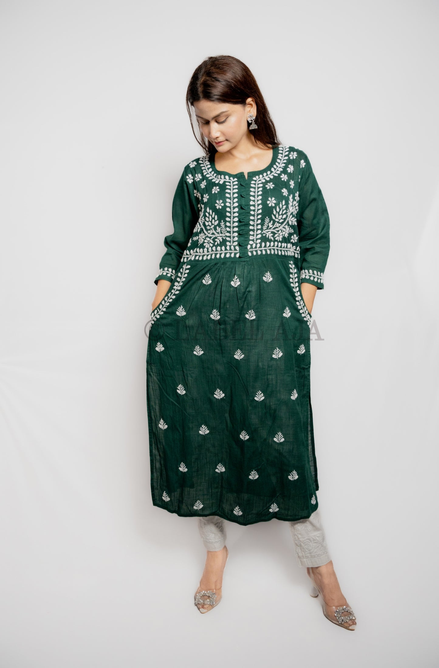 Misa khadi Cotton chikankari long kurti with pockets