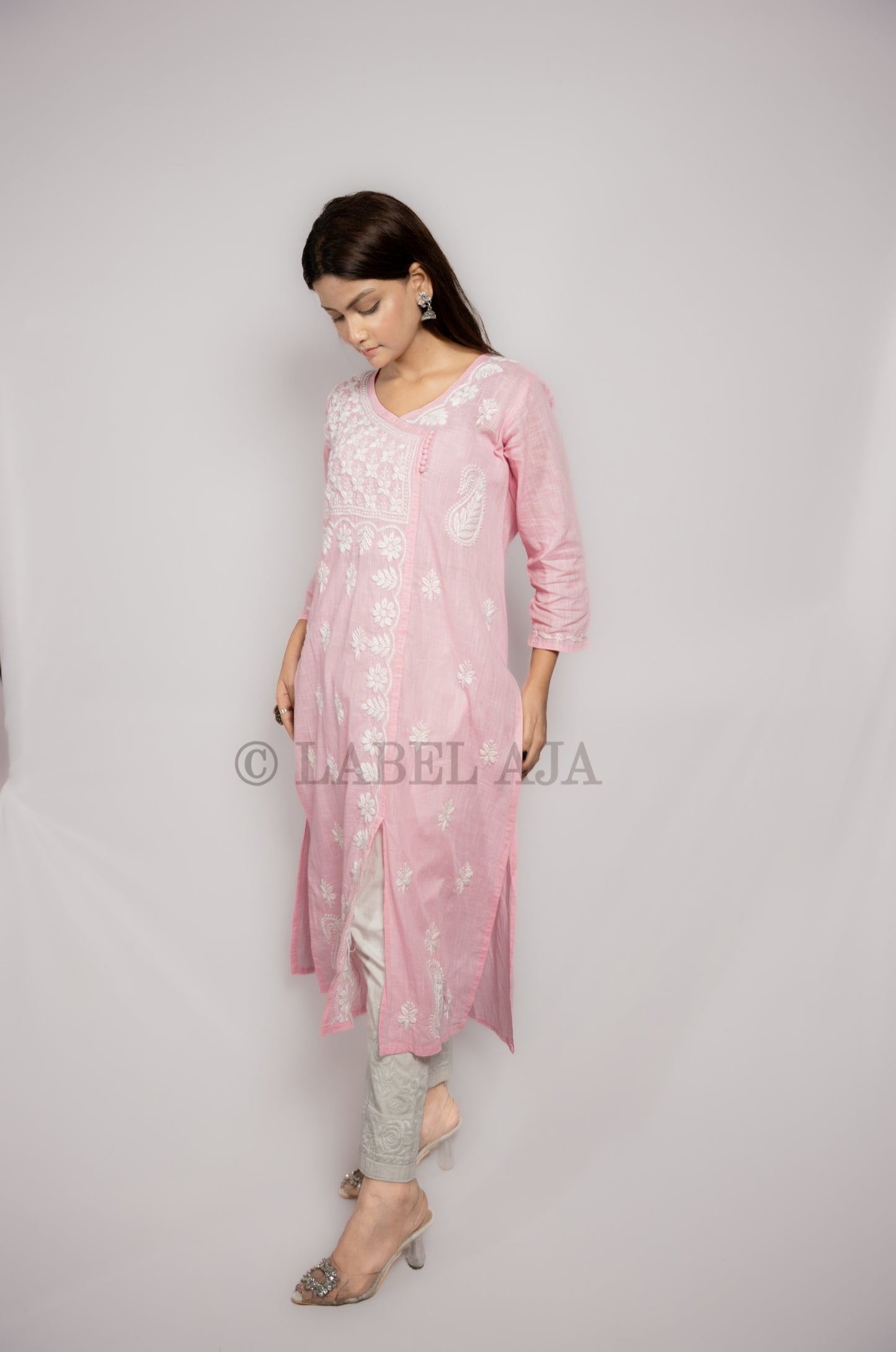 Adya khadi Cotton chikankari long kurti