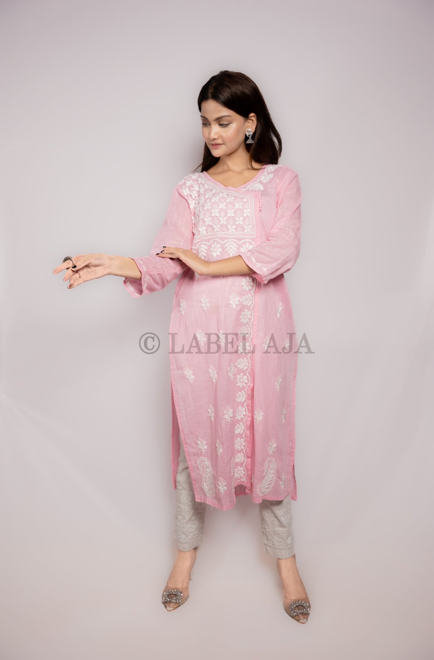 Adya khadi Cotton chikankari long kurti