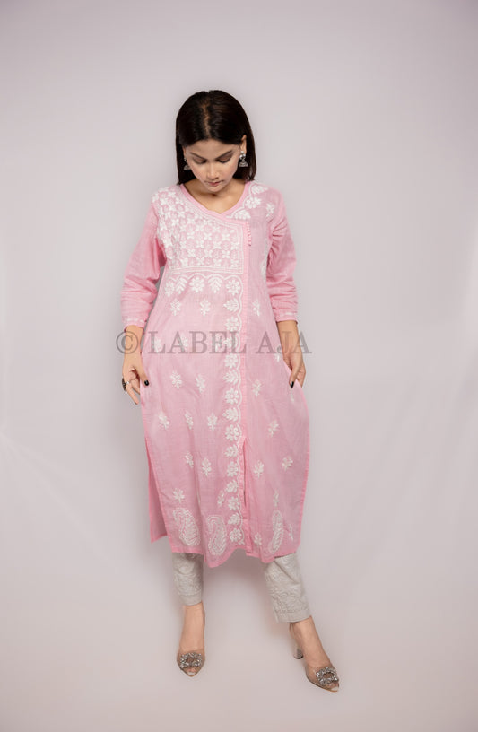 Adya khadi Cotton chikankari long kurti