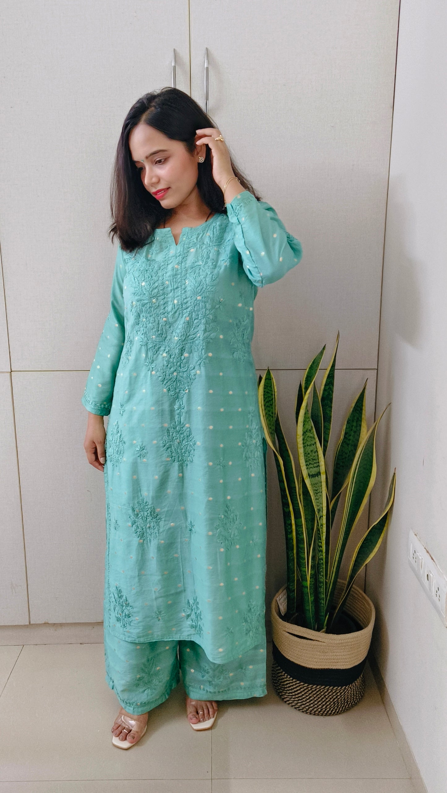 Sitara Chanderi silk Chikankari Kurti & Palazzo Set