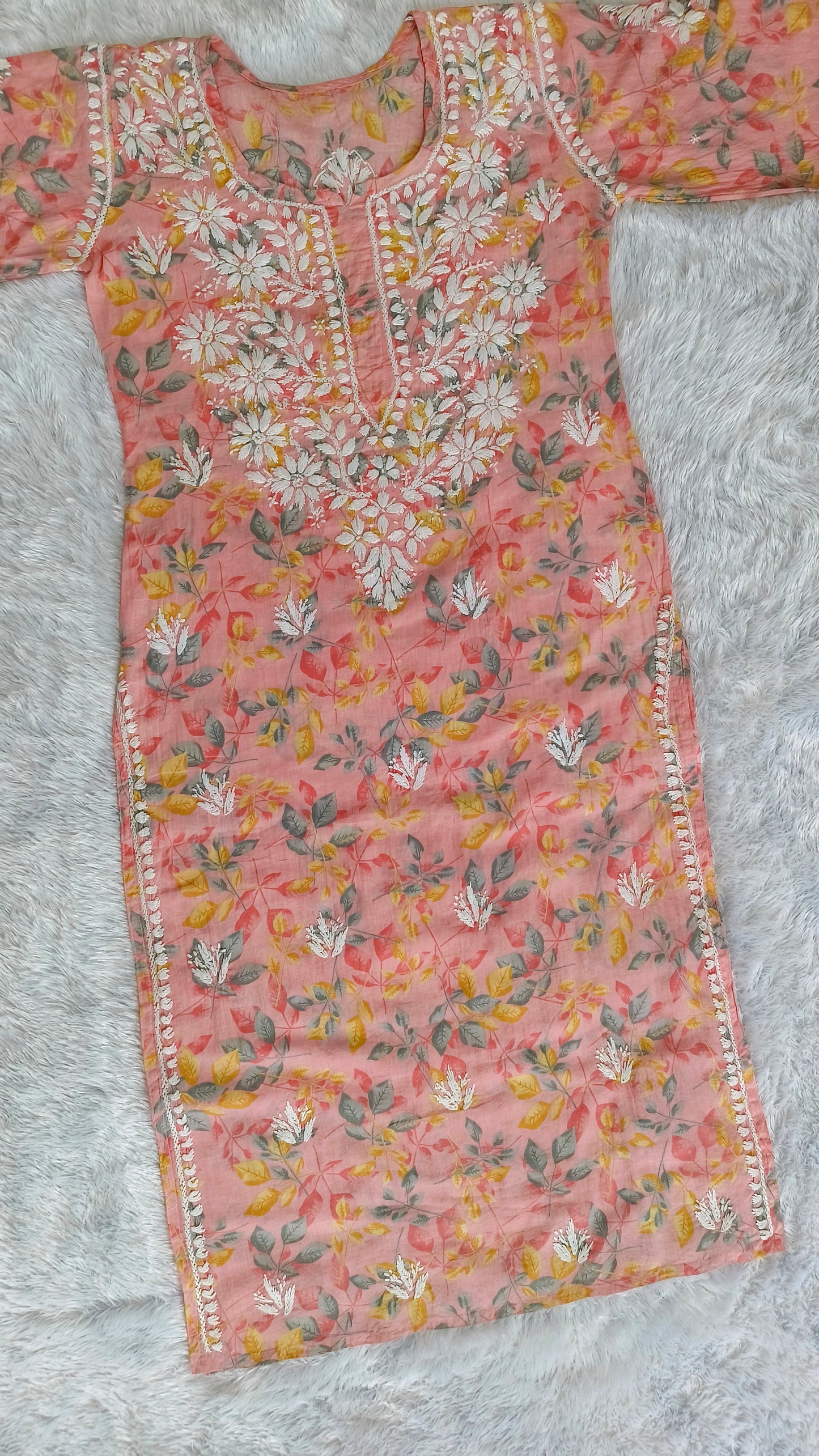 Gulmohar Mulmul long chikankari kurti