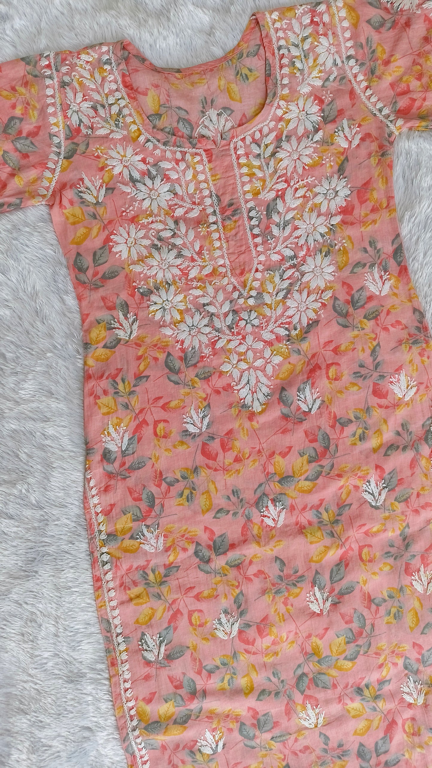 Gulmohar Mulmul long chikankari kurti