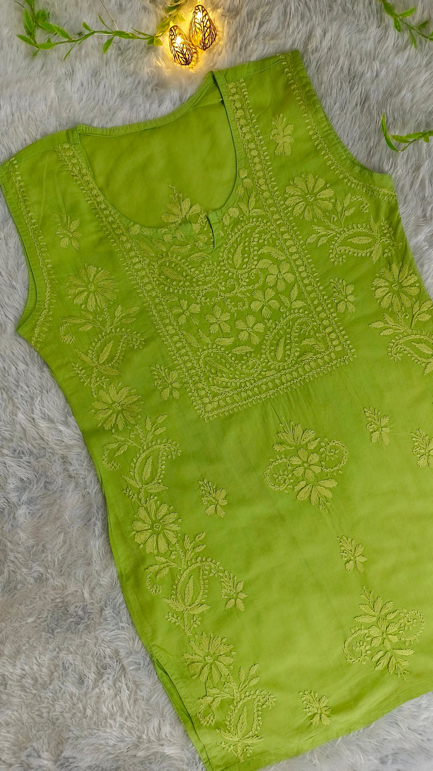 Mahi mul cotton sleeveless short chikankari kurti