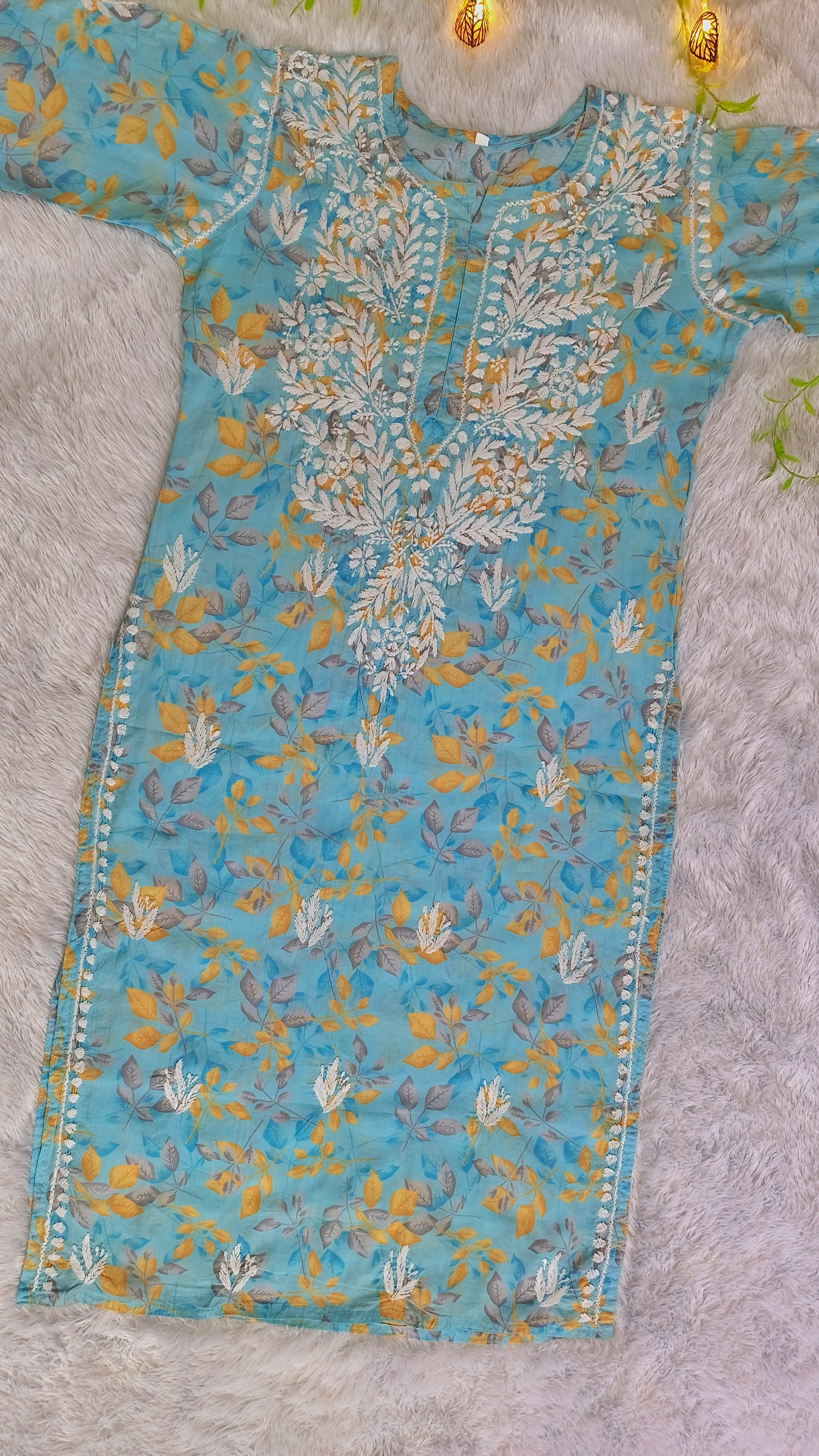 Gulmohar Mulmul long chikankari kurti