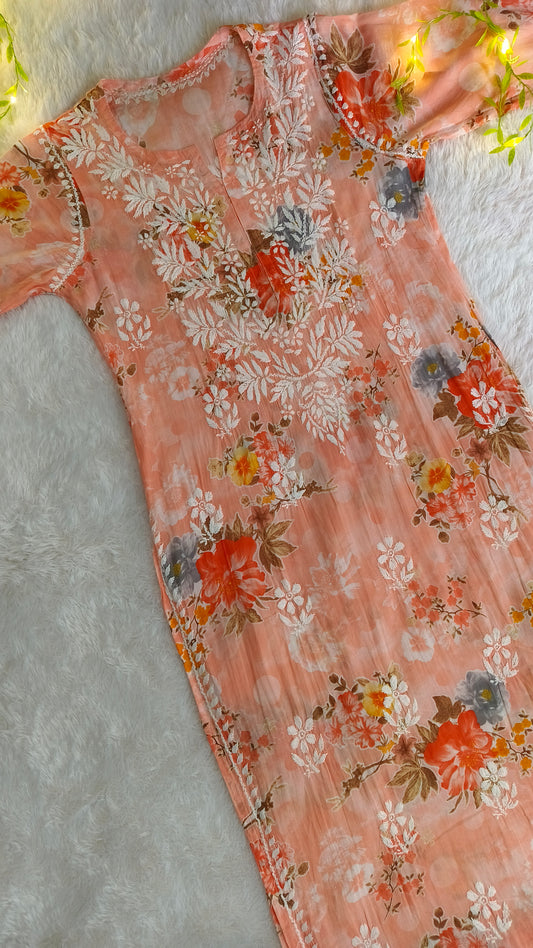 Gulmohar Mulmul long chikankari kurti