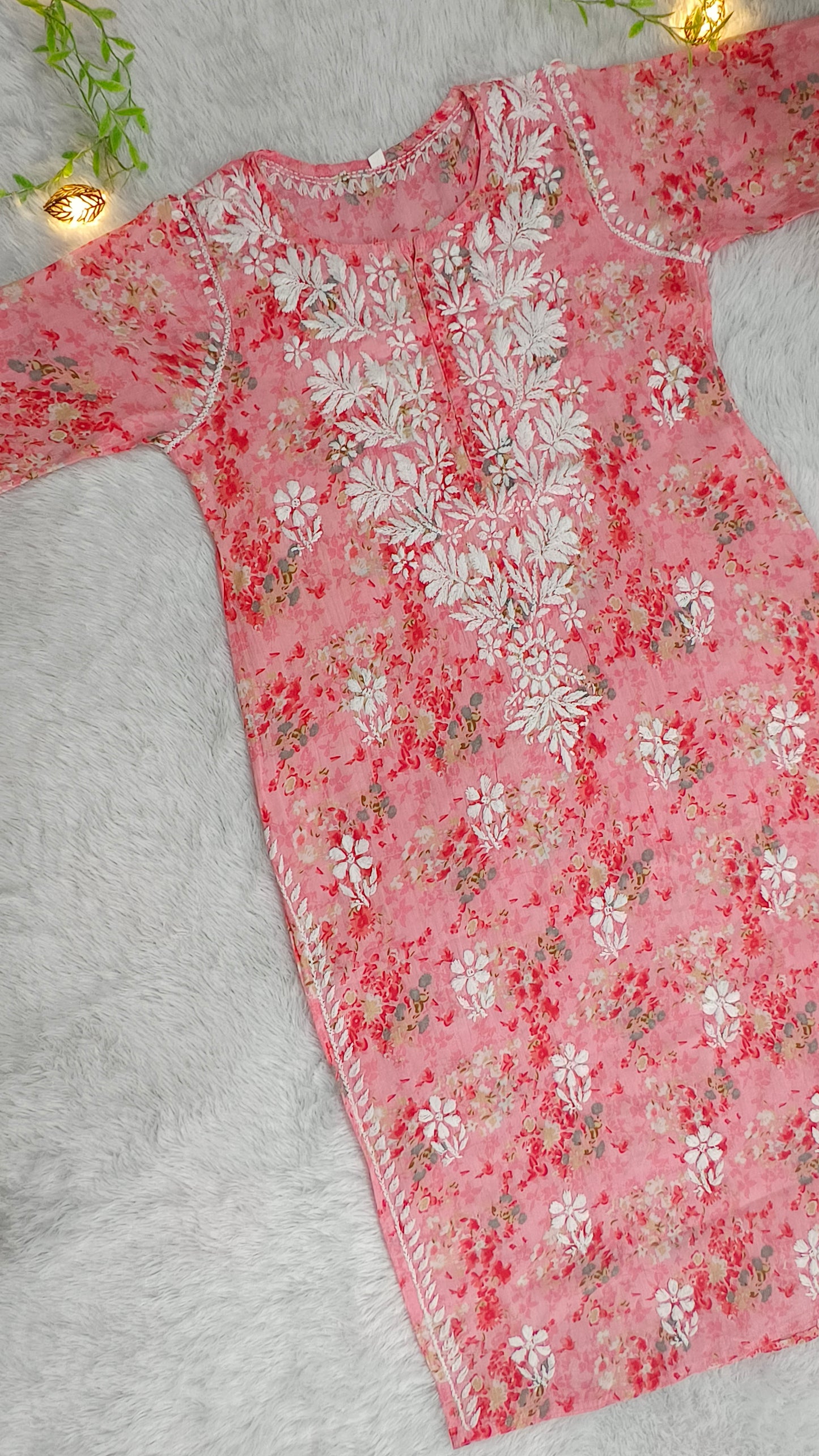 Gulmohar Mulmul long chikankari kurti