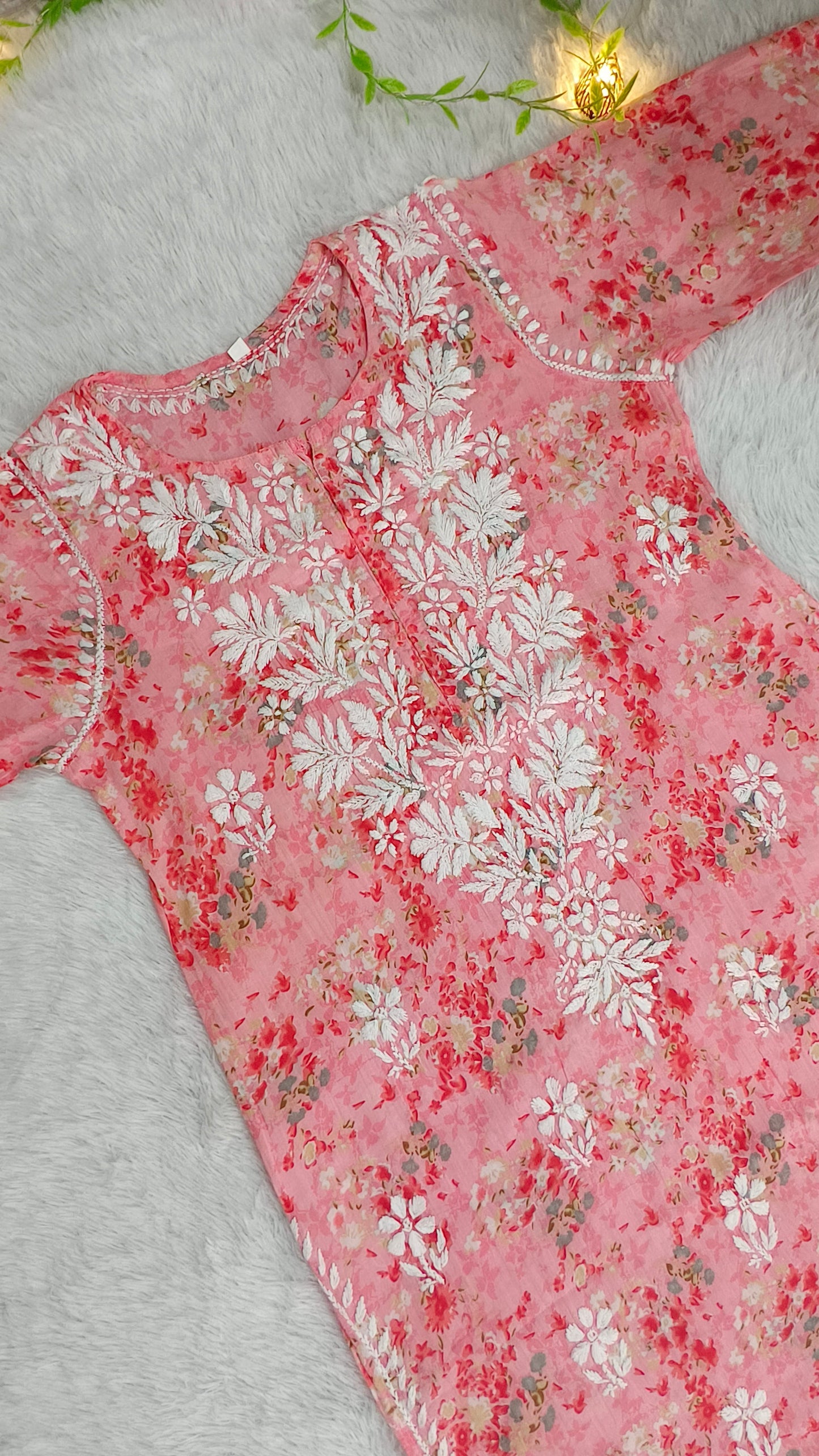 Gulmohar Pink mulmul kurti with white chikankari pant