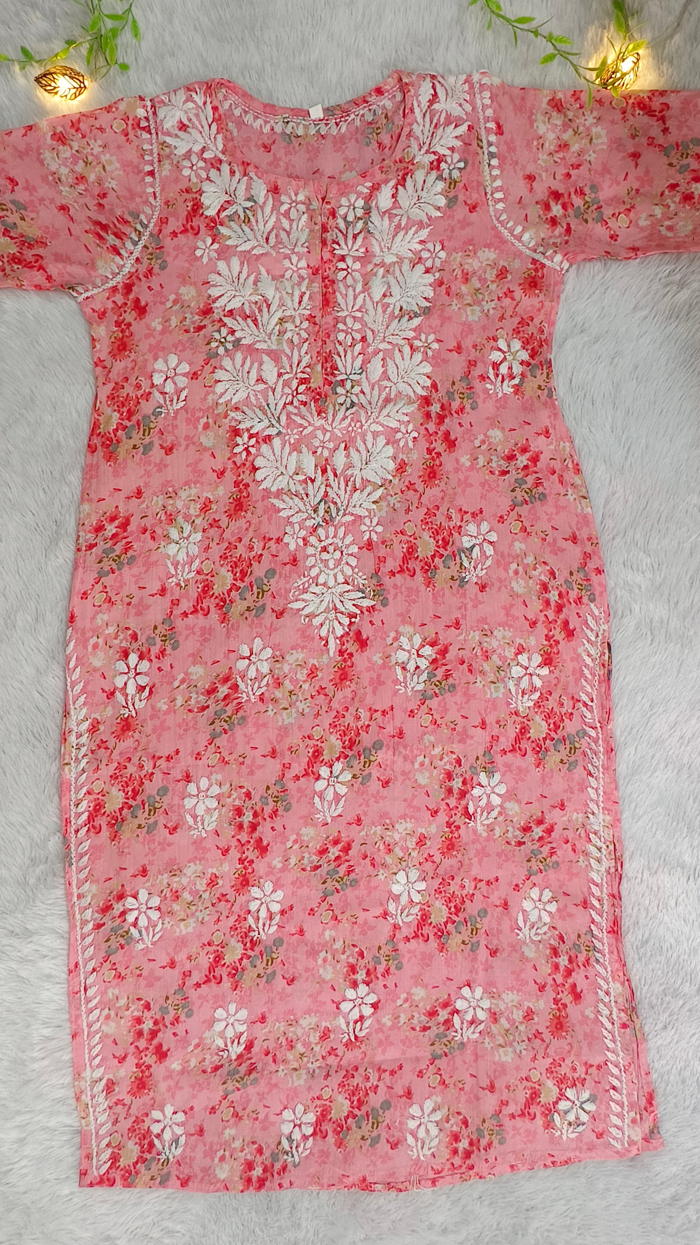 Gulmohar Mulmul long chikankari kurti