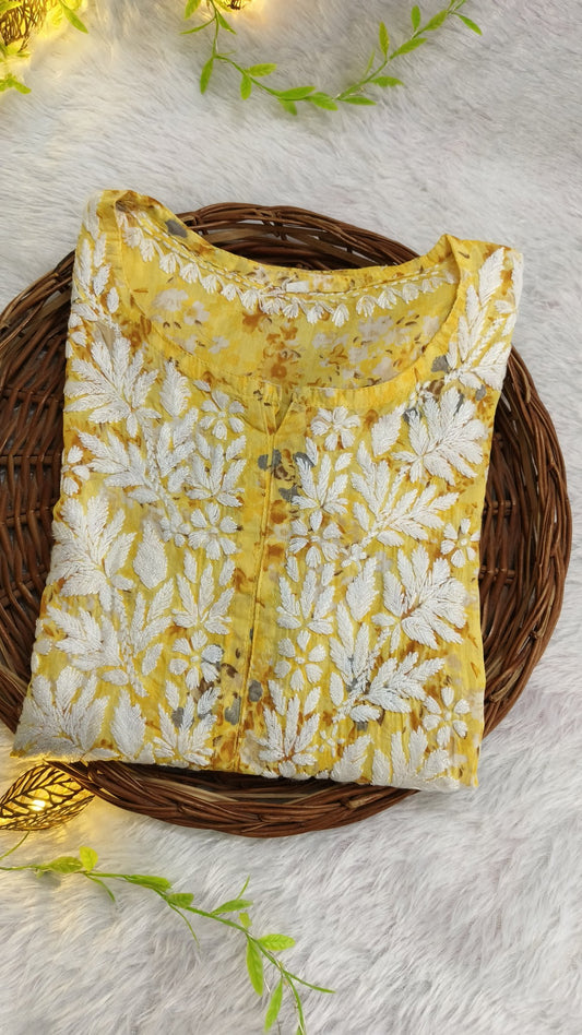 Gulmohar Yellow mulmul kurti with white chikankari pant